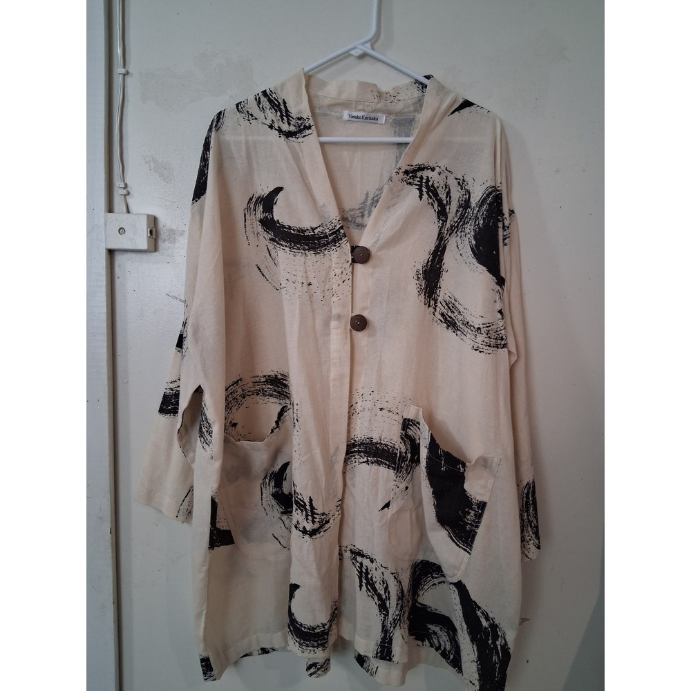 Yasuko Kurisaka Womens Hand Printed Cotton Abstract Brushstroke Jacket Cream LXl